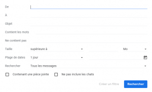 La fenêtre de recherche de gmail qui vous permet de sélectionner les mails auxquels appliquer le filtre.
