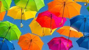 Parapluies multicolores accrochés en hauteur