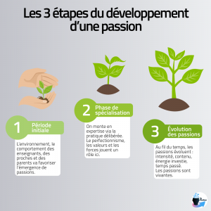 Schéma des trois étapes du développement d'une passion où la passion est représentée par une plante