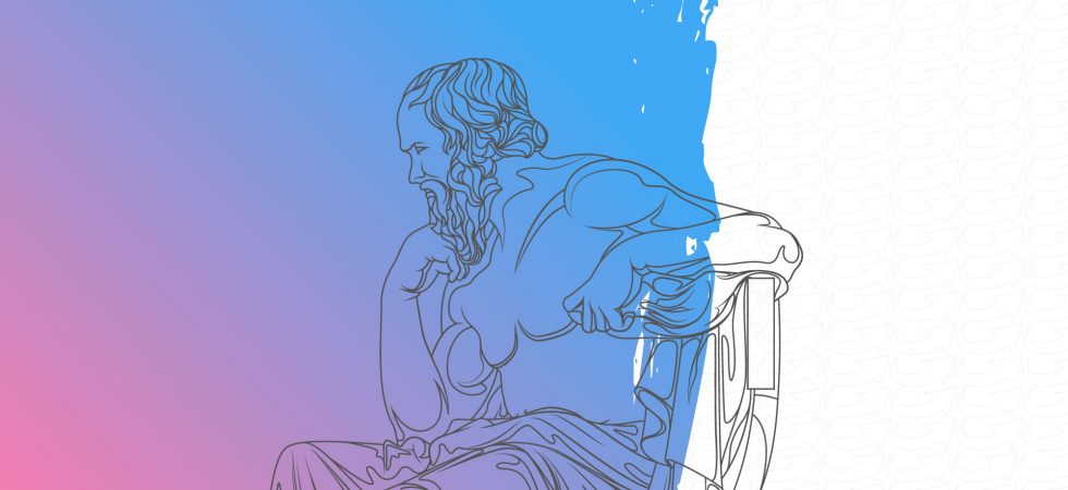 Dessin de Socrate sur fond bleu et rose